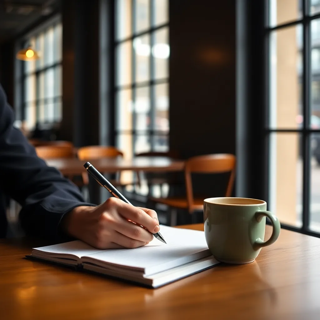 Persoon die doelen opschrijft in een notitieboekje met een kopje koffie ernaast