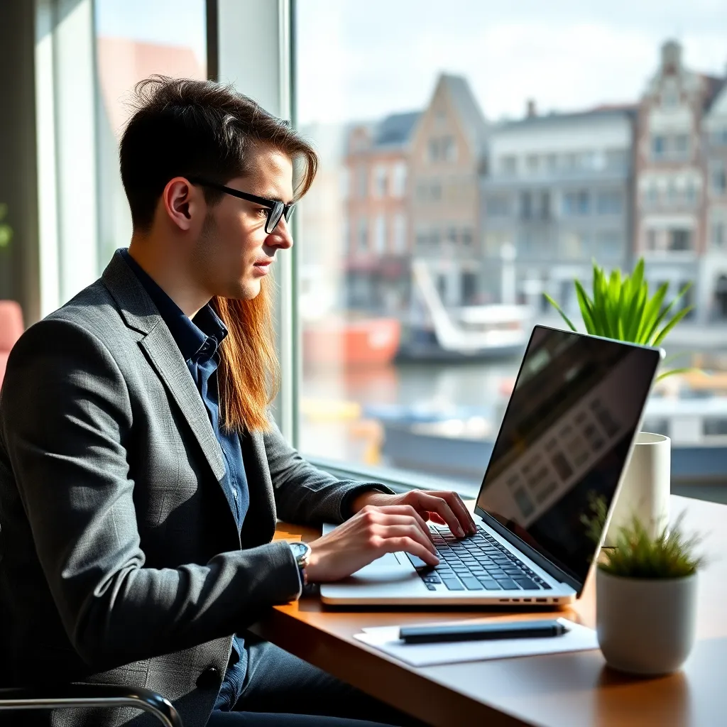 Professional die digitaal netwerkt op laptop in Nederlandse werkomgeving